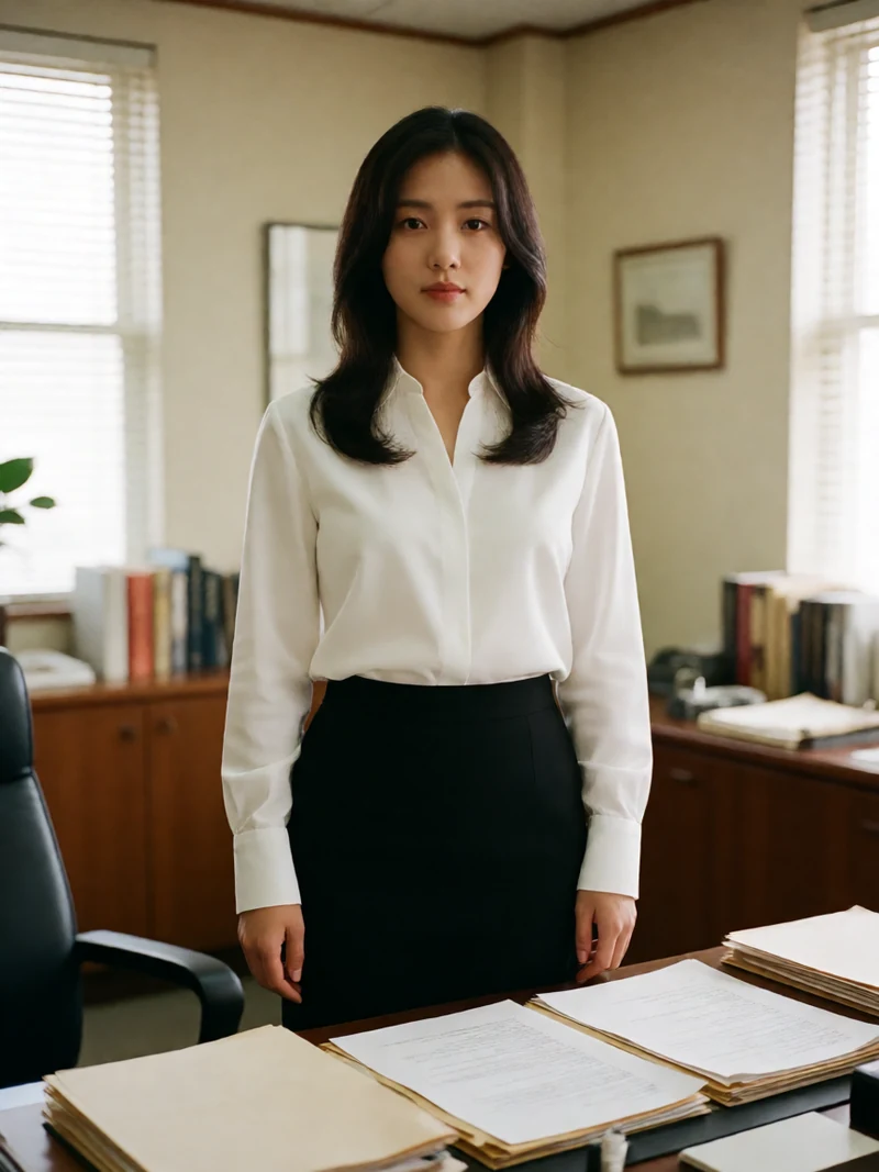 原创电影主题视觉：年轻成年女性穿不透肤白衬衫站在复古办公室文件桌前