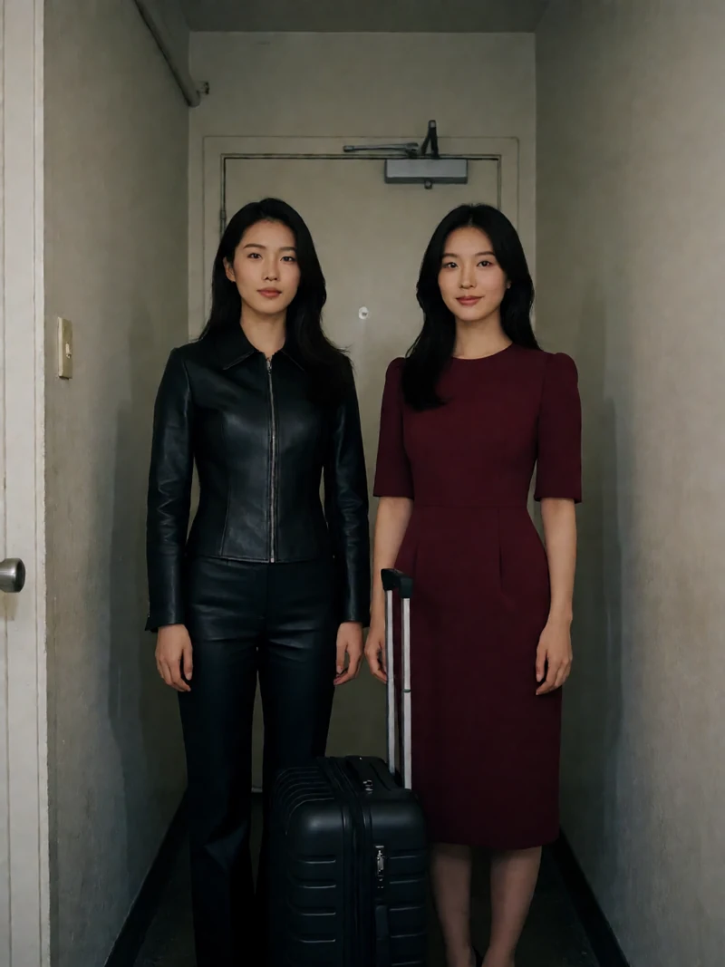 原创黑色犯罪电影主题视觉：两位成年女性穿黑色与红色外套站在无招牌的公寓走廊